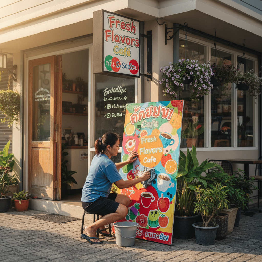 ดูแลป้ายไวนิลหน้าร้านยังไง ให้สีสด ทนทานข้ามปี - maintain-shopfront-vinyl-banner