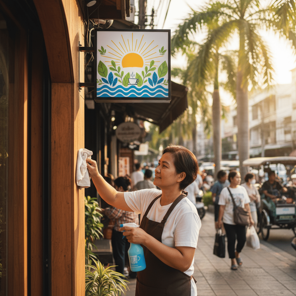 วิธีดูแลป้ายไวนิลหน้าร้านให้สีสด ทนแดดทนฝน - maintain-vinyl-signage-storefront