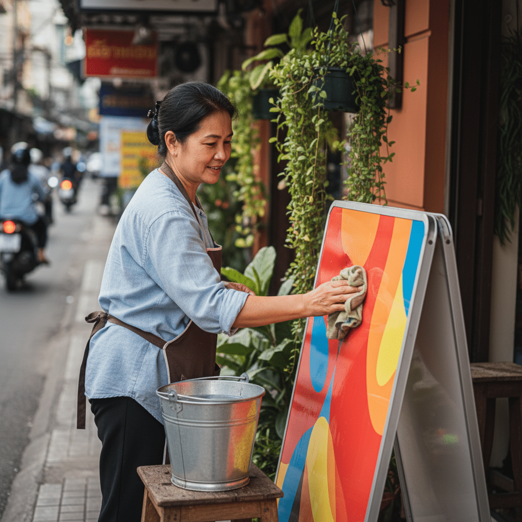 5 วิธีดูแลป้ายโฆษณาหน้าร้าน ให้สวยทนแดด ทนฝน - storefront-sign-maintenance-tips