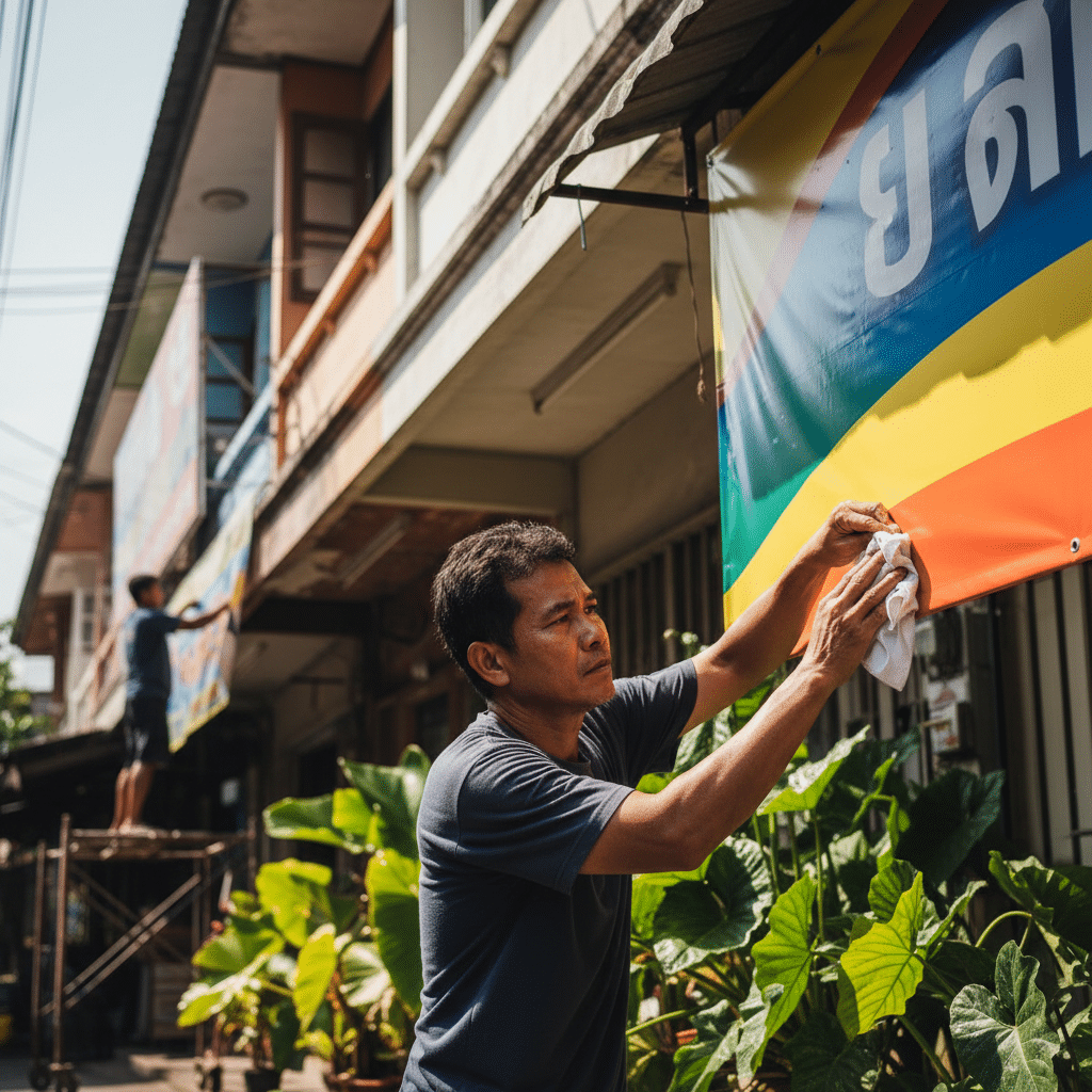 5 วิธีดูแลป้ายไวนิลหน้าร้าน ให้สีสดสวย ทนแดดทนฝน - vinyl-sign-care-tips-thailand