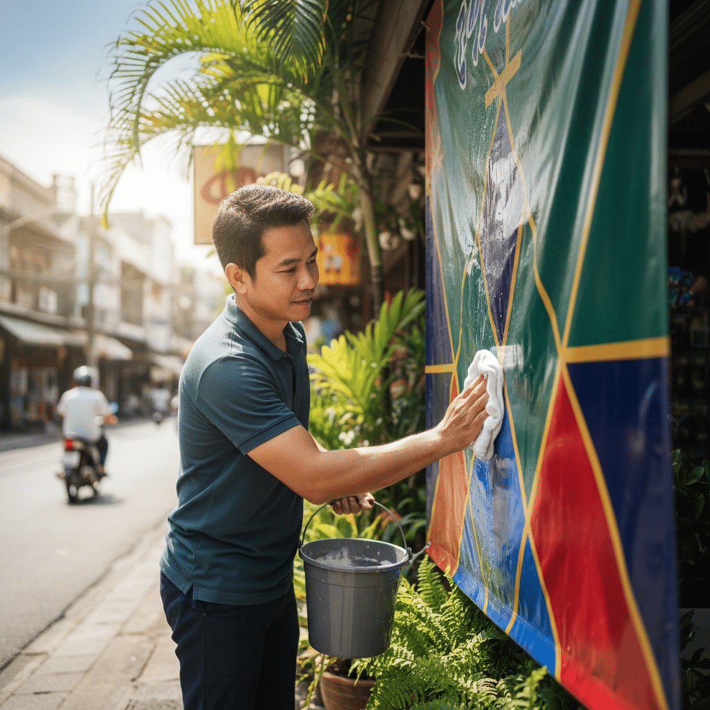 5 วิธีดูแลป้ายไวนิลหน้าร้านให้สีสด ทนนาน - care-outdoor-vinyl-sign-tips