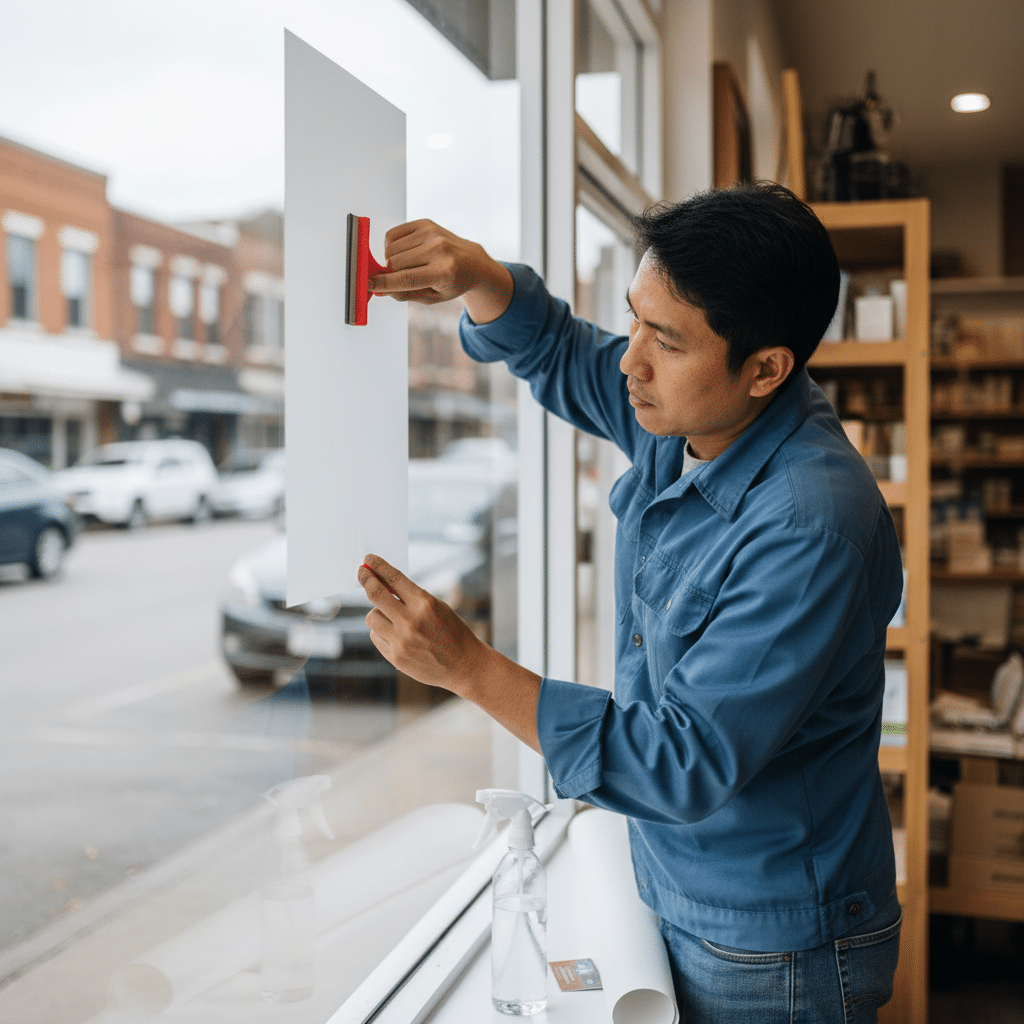 ติดสติ๊กเกอร์ร้านเองยังไงให้เนียน? 5 สเต็ปไล่ฟองอากาศ - diy-shop-sticker-application-guide