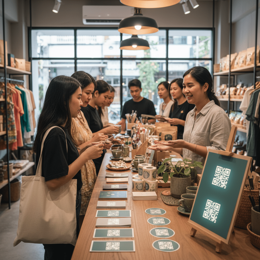 พลิกยอดขายด้วย QR Code: พิมพ์สติ๊กเกอร์เชื่อมร้านค้าสู่ออนไลน์ - qr-code-sticker-print-marketing