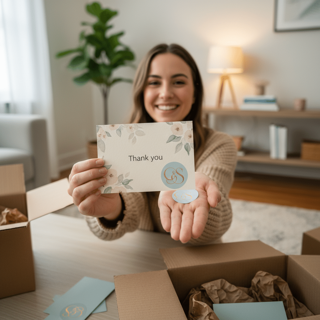 เพิ่มยอดซื้อซ้ำ! ด้วยการ์ดขอบคุณและสติ๊กเกอร์ในกล่อง - thank-you-card-unboxing-marketing