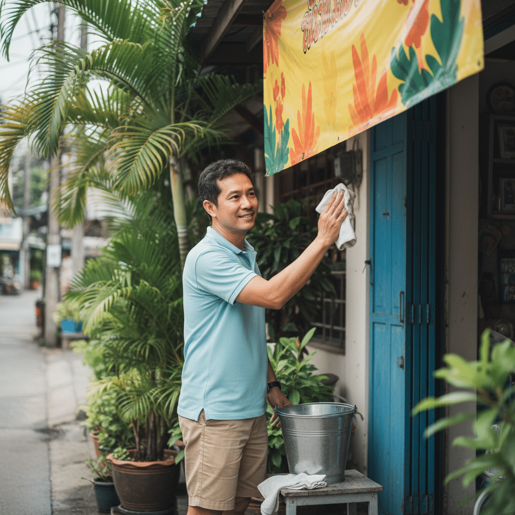 ดูแลป้ายไวนิลหน้าร้านยังไง? ให้สีสด ทนแดดทนฝน - vinyl-signage-care-tips