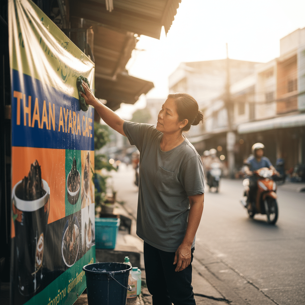 ดูแลป้ายไวนิลหน้าร้านยังไง ให้สีสดสวย ทนแดดฝน - vinyl-signage-maintenance-tips