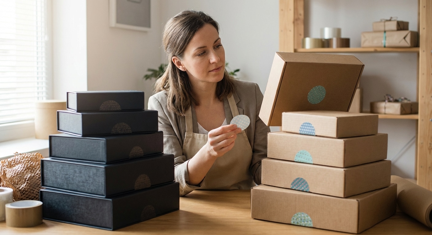 งบน้อยก็ปังได้! เทียบชัดๆ 'สั่งผลิตกล่อง' vs 'กล่องสำเร็จแปะสติ๊กเกอร์' ทางรอด SME - custom-printed-box-vs-sticker-label-packaging-strategy