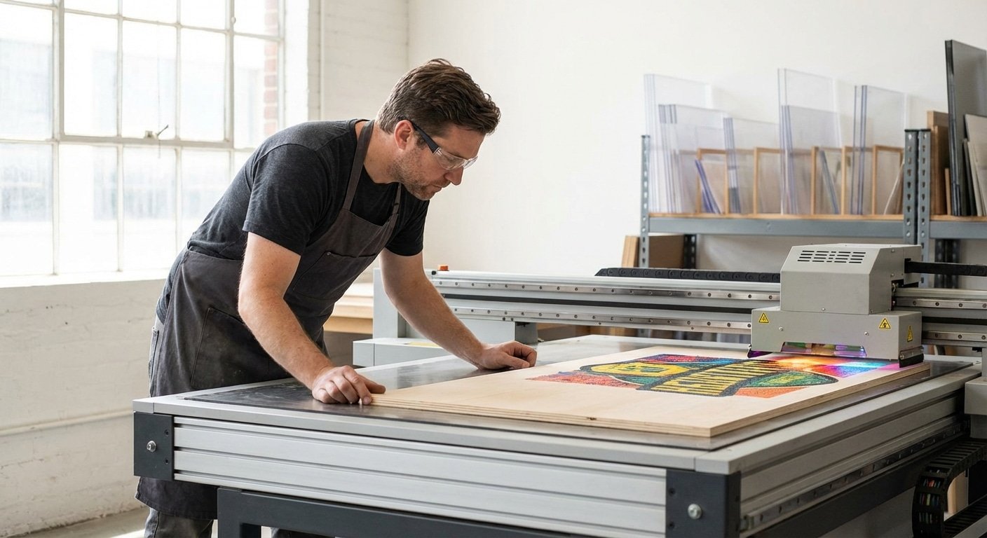 พิมพ์ตรงลงวัสดุ! เจาะลึก “Flatbed UV” งานป้ายไม้/อะคริลิก สวยทน - flatbed-uv-printing-technology-rigid-materials