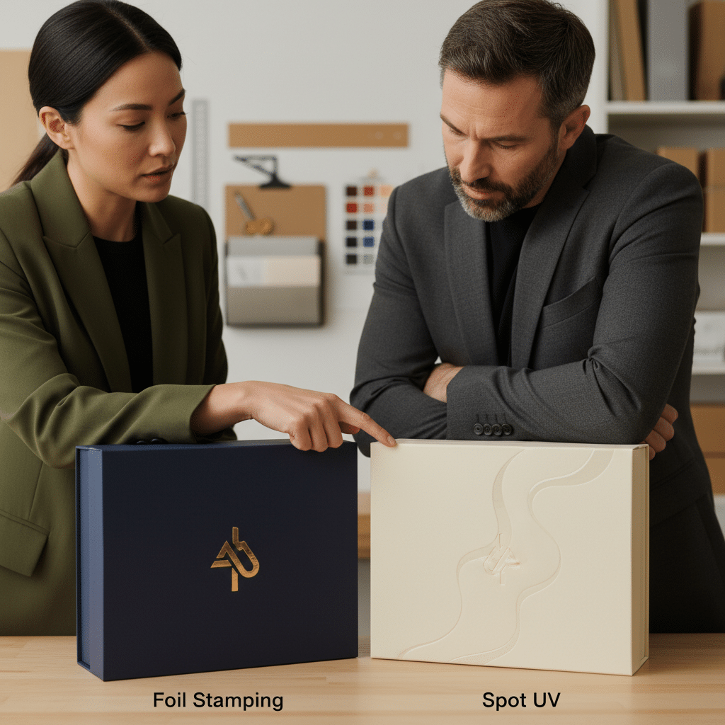 อย่าเพิ่งสั่งพิมพ์! เทคนิค 'ปั๊มเค (Foil)' vs 'Spot UV' ต่างกันยังไง? เพิ่มมูลค่ากล่องให้ดูแพงทันตาเห็น - foil-stamping-vs-spot-uv-packaging-technique