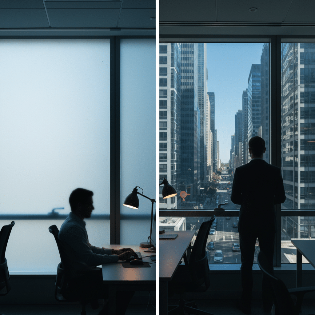 อยากพรางตาแต่กลัวทึบ? เทียบชัดๆ 'สติ๊กเกอร์ฝ้า' vs 'ซีทรู' ติดกระจกออฟฟิศแบบไหนเวิร์กสุด - frosted-sticker-vs-see-through-comparison