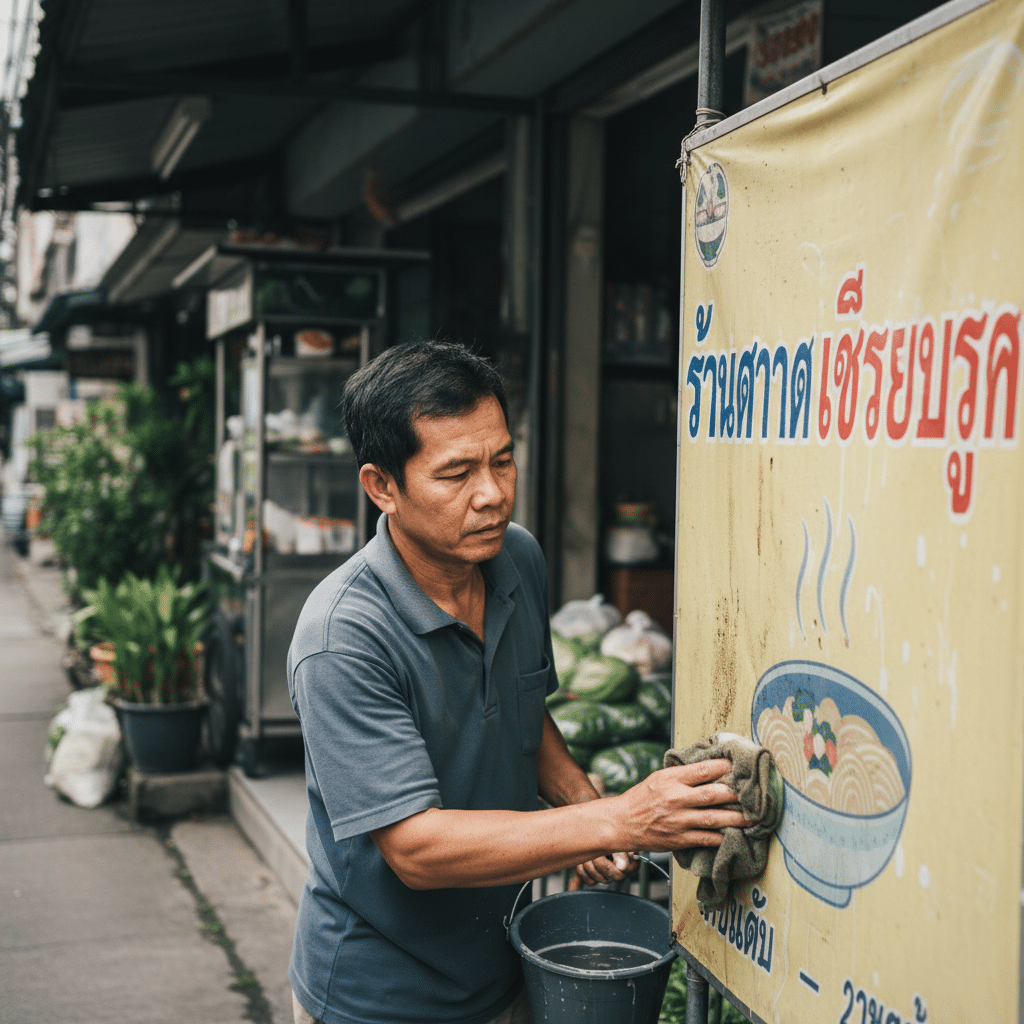 ป้ายซีดอย่าเพิ่งทิ้ง! 3 วิธีดูแล 'ป้ายไวนิล' ให้สีสด ทนแดดเมืองไทยได้นานขึ้น 2 ปี - how-to-clean-maintain-vinyl-signage-extend-lifespan