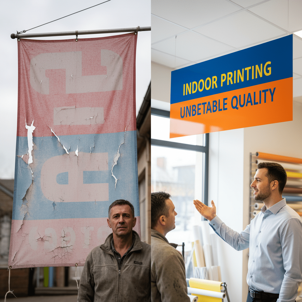 ป้ายซีดใน 3 เดือน? เพราะเลือกผิดระหว่าง 'Indoor vs Outdoor' รู้ก่อนสั่งพิมพ์ - indoor-vs-outdoor-inkjet-printing-guide