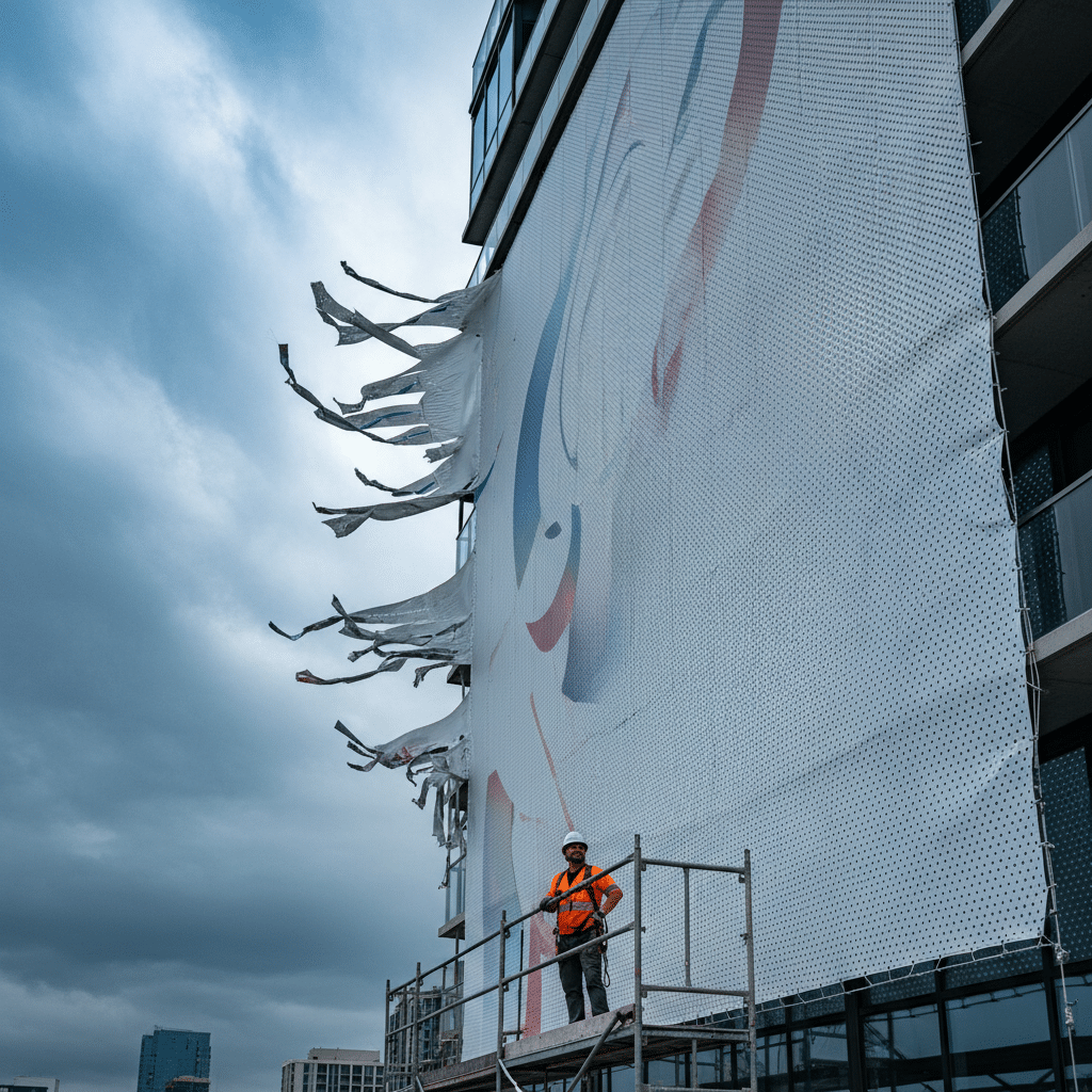 ลมแรงป้ายขาด! แก้ด้วย 'ไวนิลตาข่าย' (Mesh) ลมผ่านได้ ปลอดภัยกว่า - mesh-vinyl-wind-resistant-banner
