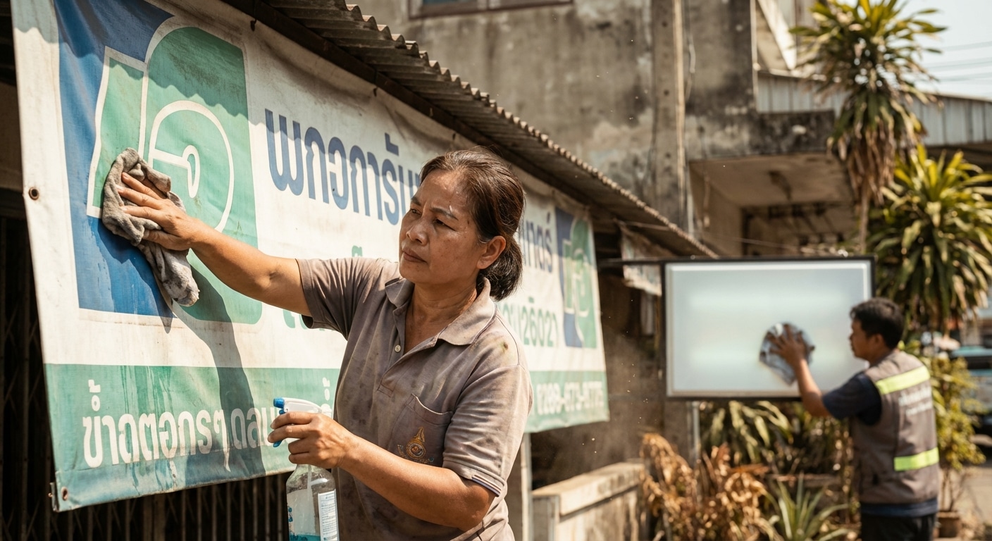 ป้ายหน้าร้านหมอง? 4 เทคนิคดูแล 'ป้ายไวนิล-กล่องไฟ' ให้สีสด ทนแดด ยืดอายุใช้งานปี 2026 - outdoor-signage-maintenance-tips-2026