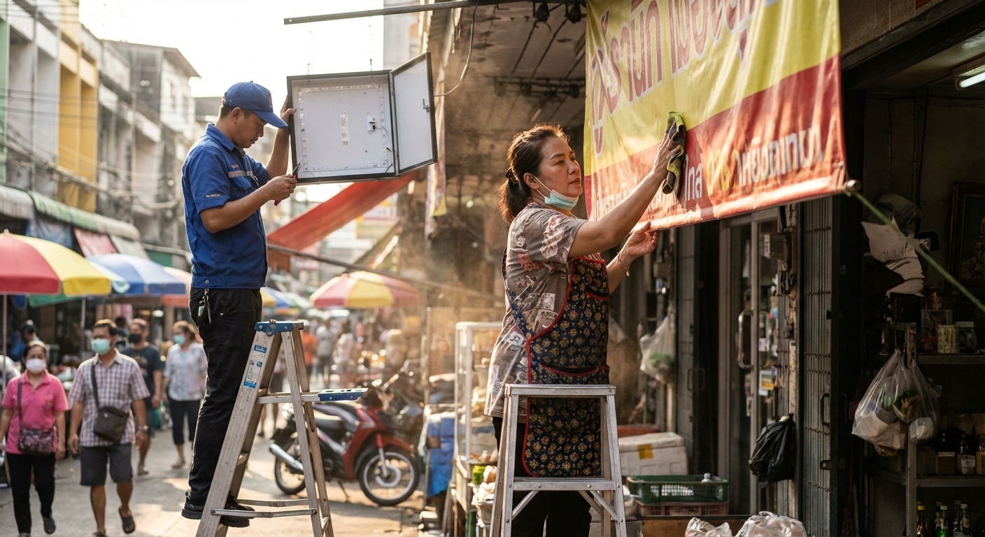 ป้ายร้านหมอง ลูกค้ามองข้าม! 4 วิธีดูแล 'ป้ายไฟ-ไวนิล' ให้สวยทนแดด ยืดอายุใช้งานปี 2026 - outdoor-signage-maintenance-tips-2026