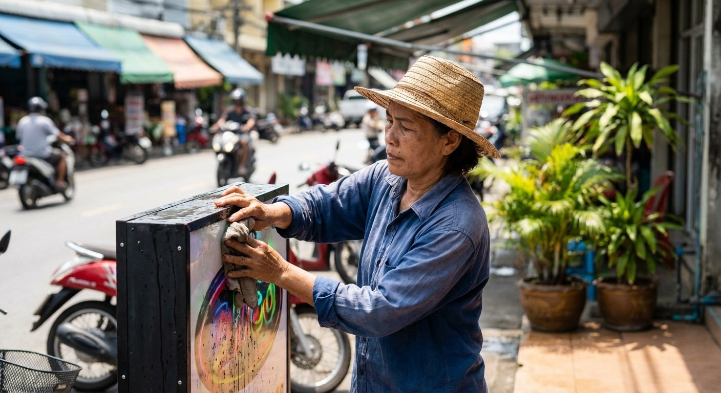 ป้ายซีดเร็วเพราะแดดเลีย? 5 วิธีดูแล 'ป้ายไวนิล-กล่องไฟ' ให้อยู่นานสู้แดดเมืองไทย - outdoor-signage-maintenance-tips-thailand-2026