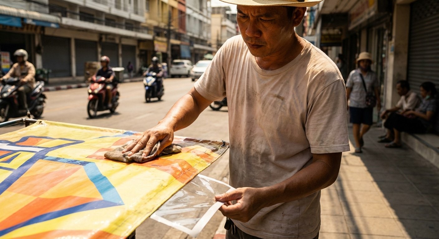 แดดเมืองไทยแรงทะลุ 40 องศา! วิธีดูแล 'ป้ายไวนิล-สติ๊กเกอร์' ให้สีสด ไม่ซีดจางก่อนเวลา - outdoor-signage-sticker-sun-protection-maintenance-2026