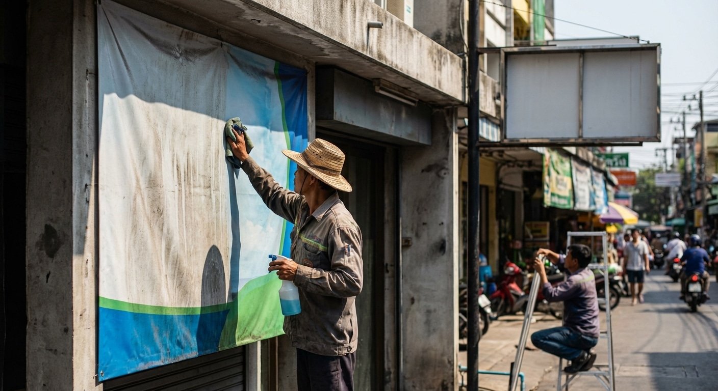 ป้ายซีดไว? 5 เคล็ดลับดูแล 'ไวนิล-สติ๊กเกอร์' ให้สีสด สู้แดดปี 2026 - outdoor-signage-vinyl-maintenance-tips-2026