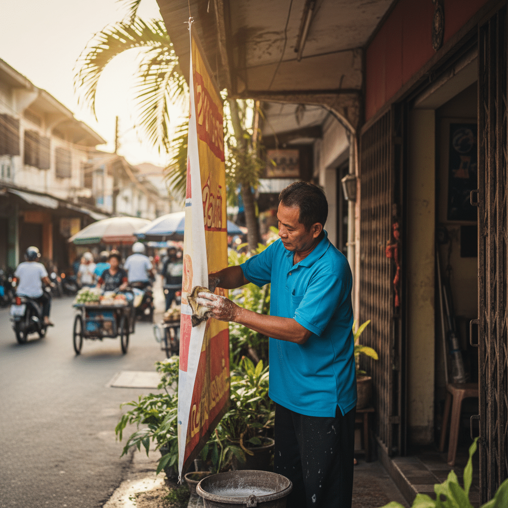 ป้ายซีด=ร้านดูเก่า! วิธีดูแล 'ป้ายไวนิล' ให้สีสด ไม่กรอบแตก สู้แดดเมืองไทย - outdoor-vinyl-signage-care-tips