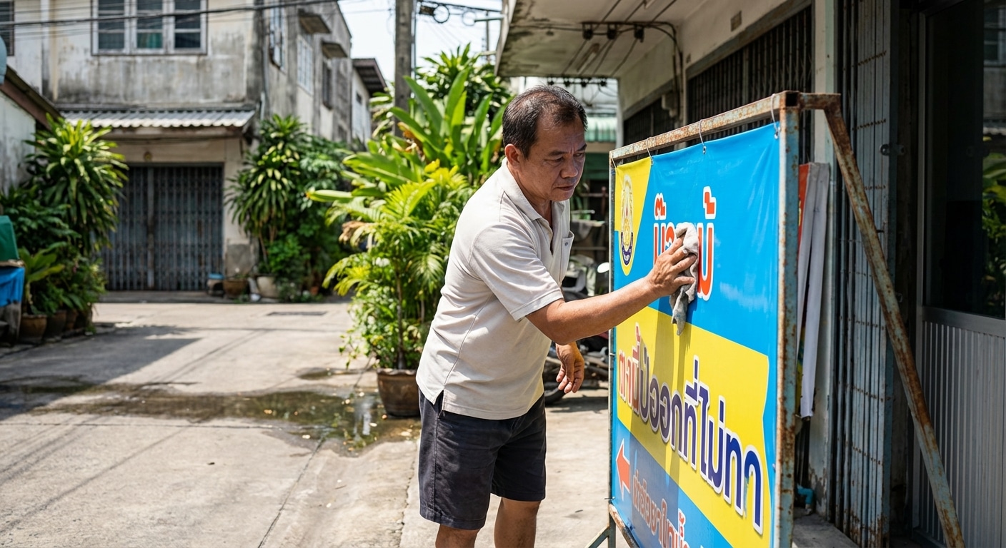 ป้ายหน้าร้านซีดไว? 5 วิธีดูแล 'ป้ายไวนิล' ให้สีสดสู้แดดเมืองไทยปี 2026 - outdoor-vinyl-signage-maintenance-tips-2026