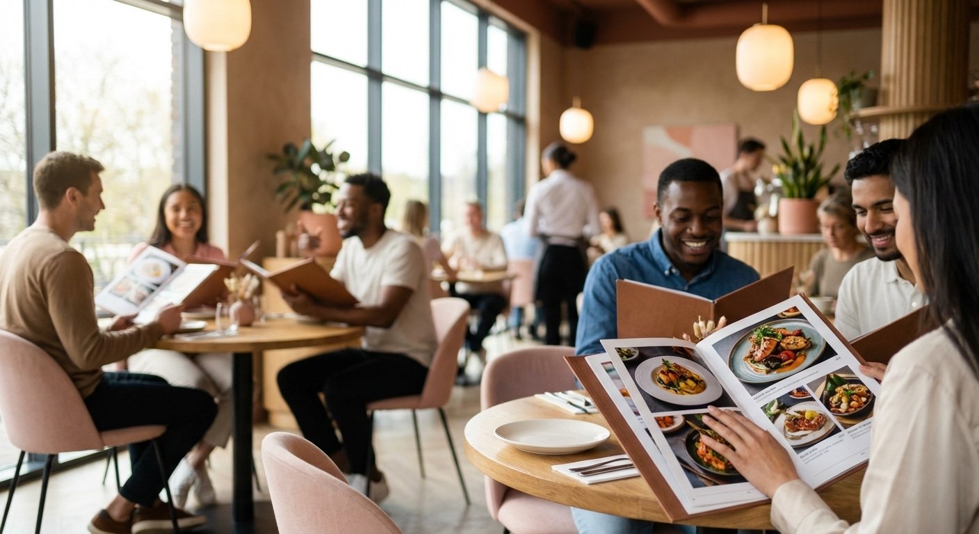 ลูกค้าเบื่อสแกน! เทรนด์ร้านอาหารปี 2026 กลับมาฮิต 'เมนูเล่ม' ภาพสวย ช่วยอัพยอดสั่งได้จริงไหม? - physical-menu-book-design-trend-2026-boost-sales