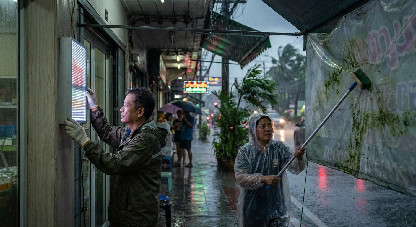 ฝนสาดหนักระวังพัง! 5 วิธีตรวจเช็ค 'ป้ายไฟหน้าร้าน' และ 'ไวนิล' ให้ปลอดภัยช่วงมรสุม - storefront-signage-maintenance-rainy-season-safety