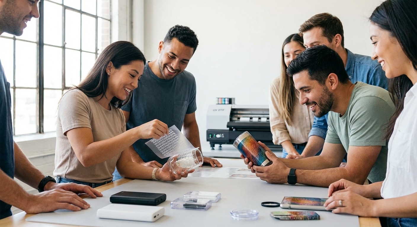 สกรีนแก้วใบเดียวก็ทำได้! เจาะลึก 'UV DTF' เทรนด์งานพิมพ์ 2026 ติดแน่น ทนรอยขีดข่วน ไม่ง้อความร้อน - uv-dtf-printing-no-minimum-order-2026