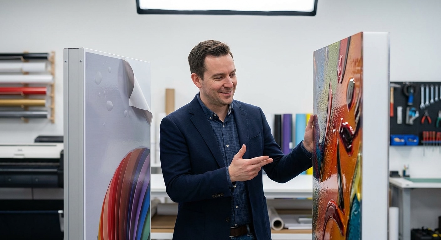 สกรีนลงแผ่น vs ติดสติ๊กเกอร์? รู้จักงาน 'UV Flatbed' พิมพ์นูนมีมิติ สวยทน ไม่ต้องกลัวลอก - uv-flatbed-printing-vs-sticker-mounting