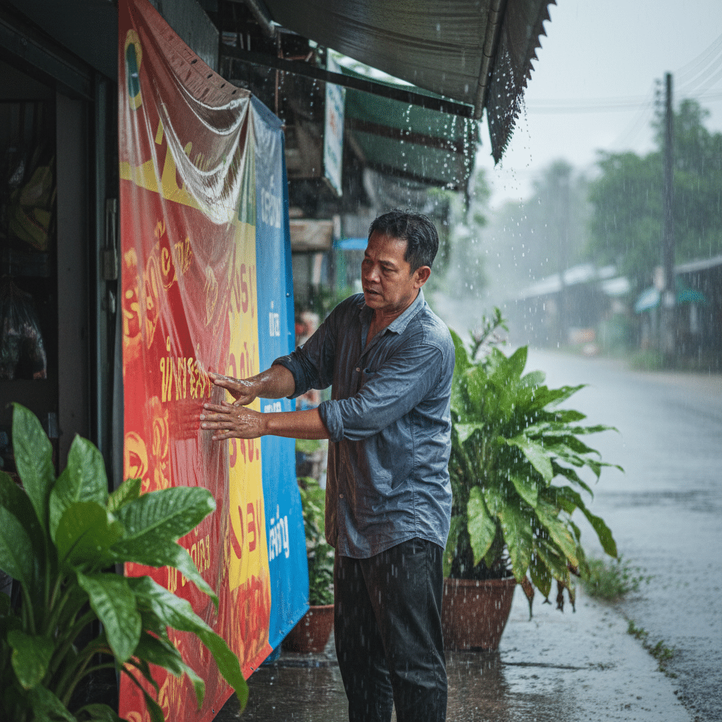 ป้ายไวนิลเจอฝน? 5 วิธีดูแลให้สีสด ไม่ซีดจาง - vinyl-banner-care-rainy-season