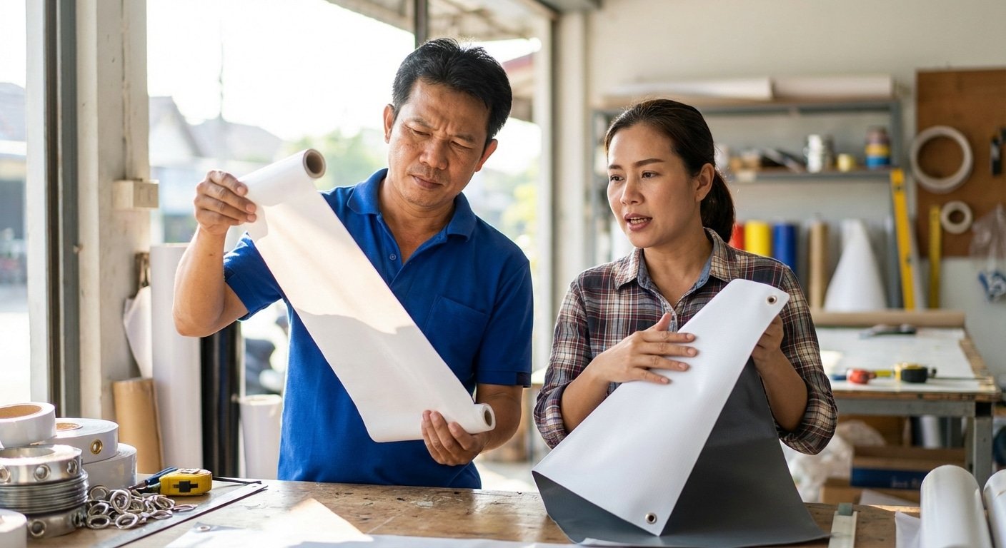 ไวนิลหนา vs บาง ดูยังไง? รู้เรื่อง 'ความหนา (GSM)' ก่อนสั่งทำป้าย จะได้ไม่โดนย้อมแมว - vinyl-banner-gsm-thickness-guide