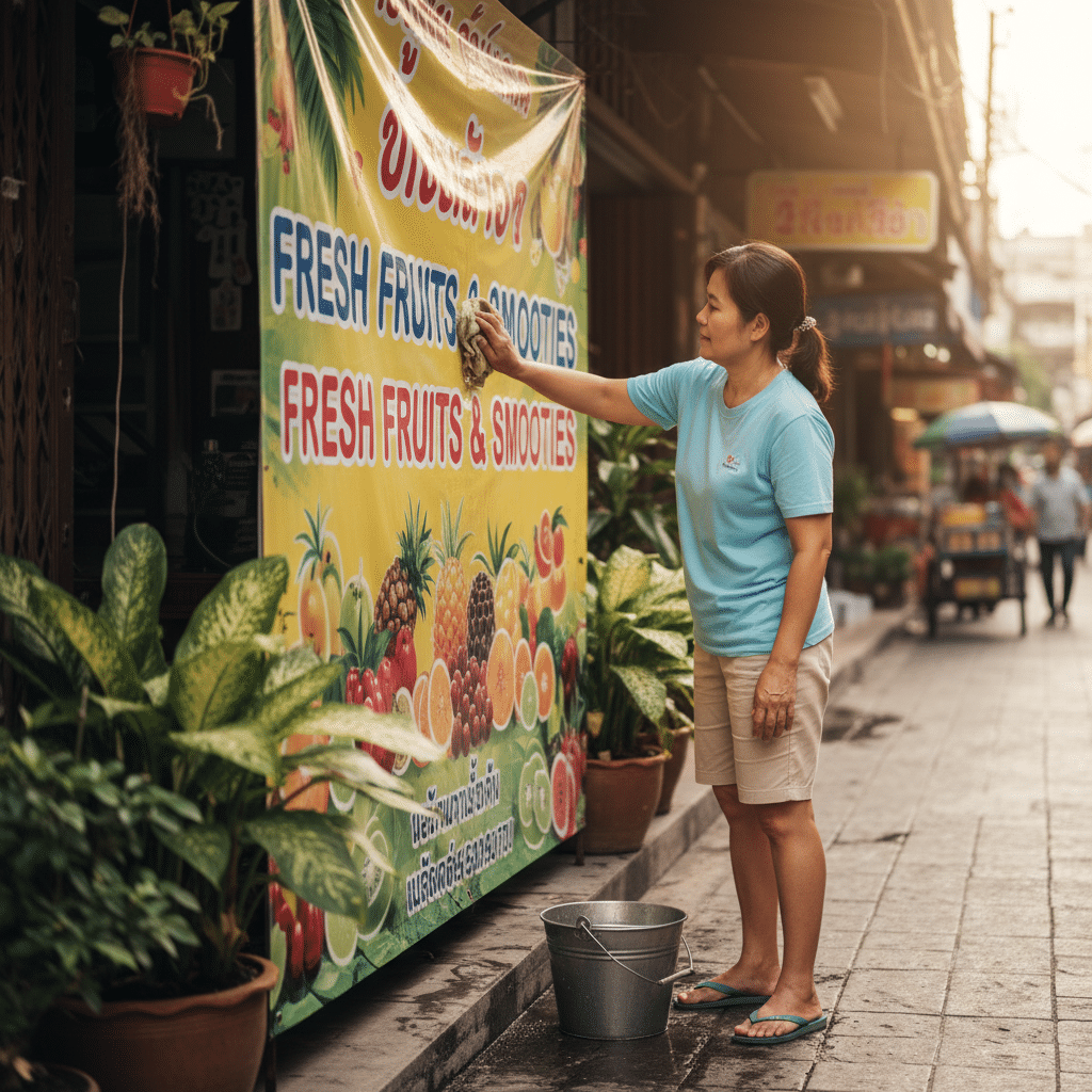 ดูแลป้ายไวนิลหน้าร้านอย่างไร? ให้สีสดนาน ไม่ซีดจาง - vinyl-signage-care-tips-sme