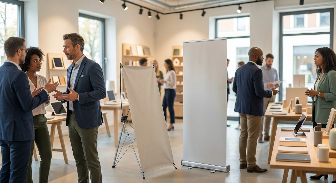 ออกบูธต้องมี! เทียบชัดๆ 'X-Stand vs Roll-up' ป้ายตั้งพื้นแบบไหนคุ้ม ใช้ง่ายสุด - x-stand-vs-roll-up-banner-comparison