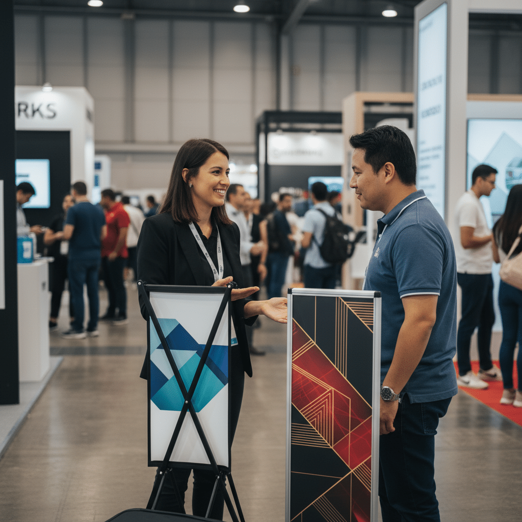 ออกบูธใช้อะไรดี? เทียบ 'X-Stand vs Roll-up' อันไหนทน อันไหนพกง่าย - x-stand-vs-roll-up-banner-comparison-exhibition