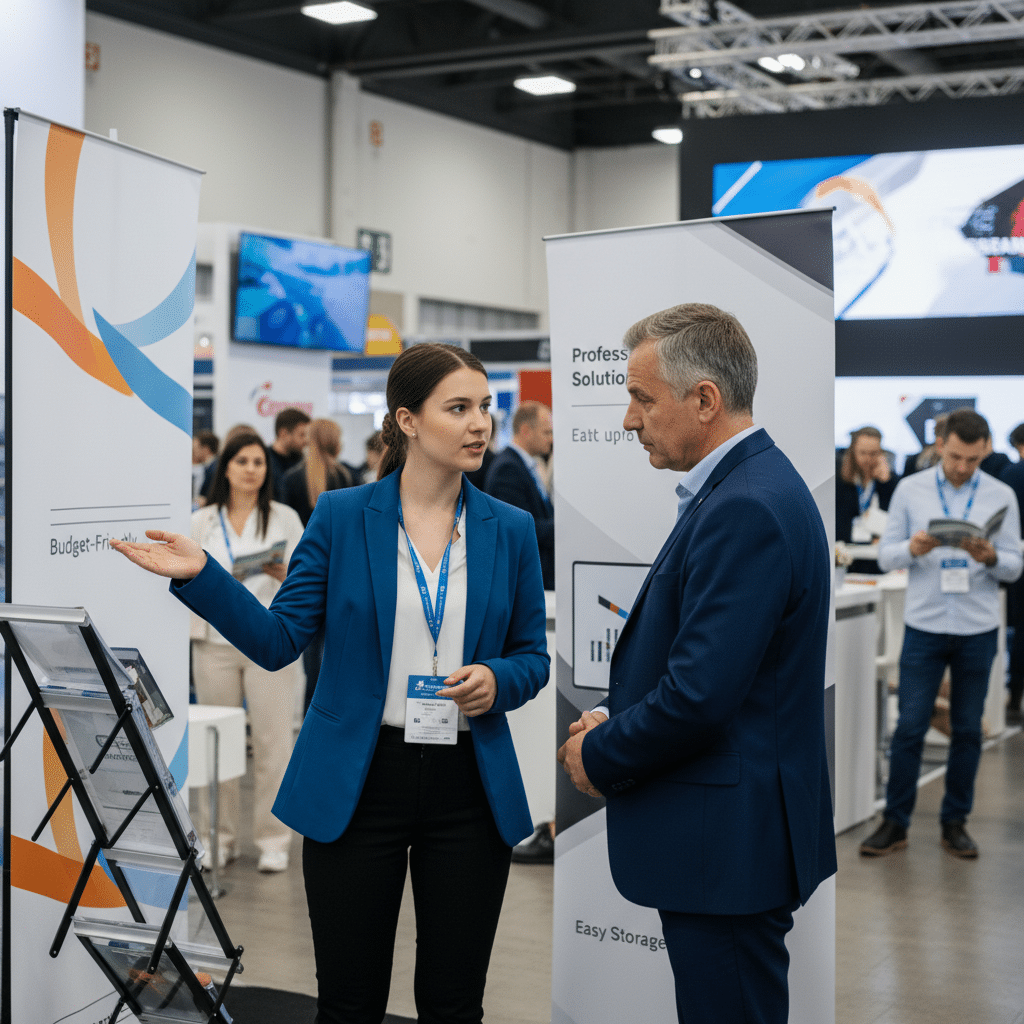 ออกบูธใช้อะไรดี? เทียบมวย 'X-Stand vs Roll Up' ป้ายตั้งพื้นยอดฮิต แบบไหนพกง่าย ทนทานกว่า - x-stand-vs-roll-up-banner-comparison