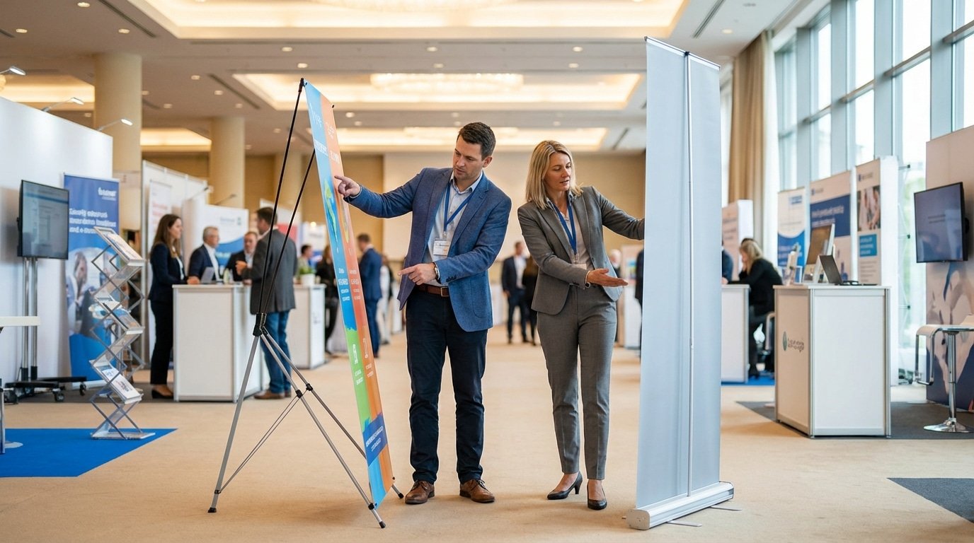 ออกบูธงบน้อยใช้ตัวไหน? เทียบ 'X-Stand vs Roll-up' ป้ายตั้งพื้นยอดฮิต พกง่าย vs ทนทาน - x-stand-vs-roll-up-banner-event-marketing