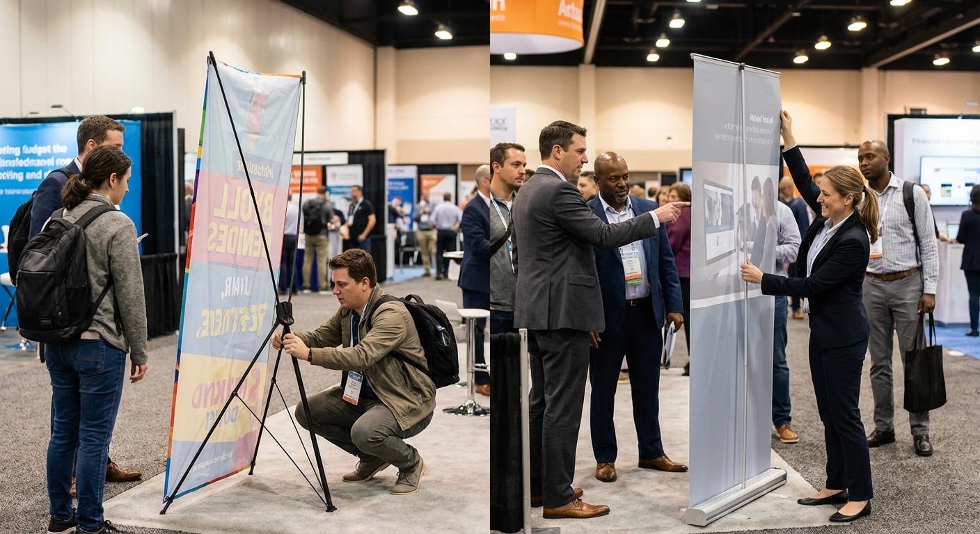 ออกบูธต้องรู้! 'X-Stand' vs 'Roll-up' ต่างกันตรงไหน? เลือกให้ถูก ไม่ดู 'ราคาถูก' - x-stand-vs-roll-up-banner-exhibition