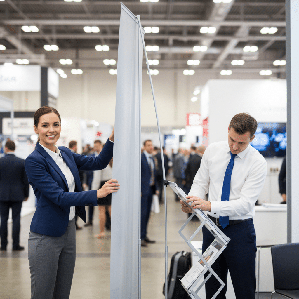 ออกบูธต้องรู้! เทียบ 'X-Stand vs Roll-up' แบบไหนพกง่าย ไม่ล้มกลางงาน? - x-stand-vs-rollup-banner-comparison-event