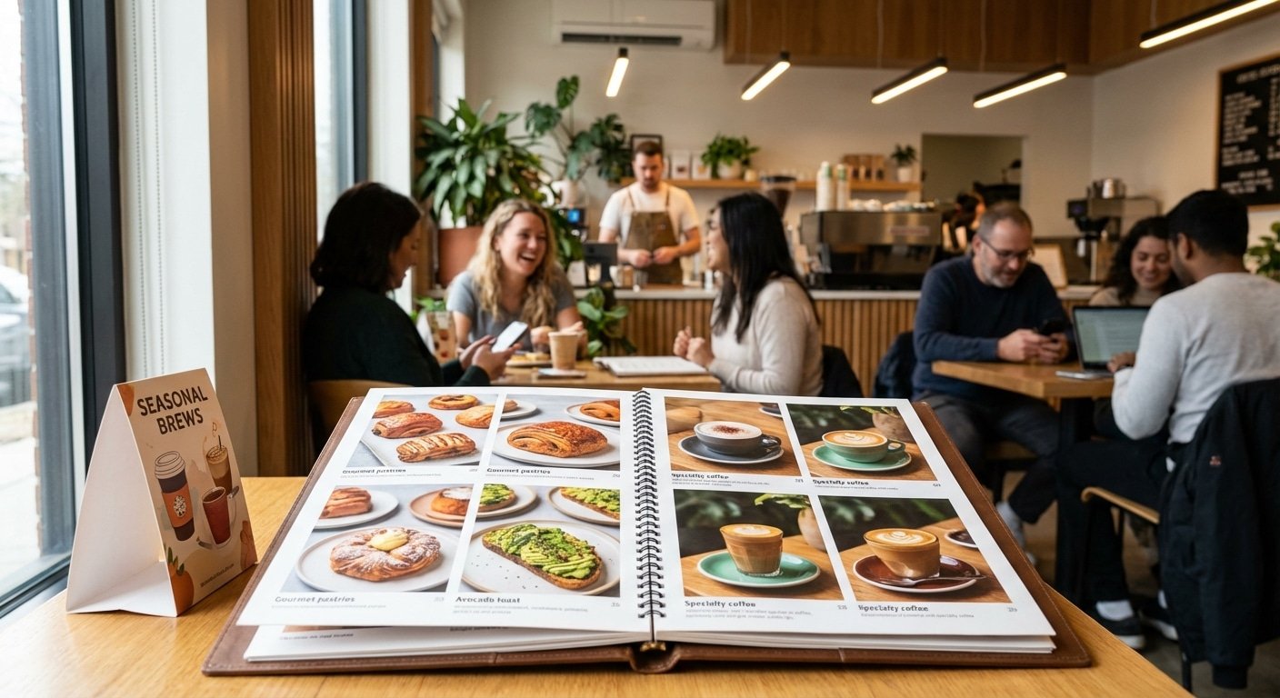 ดันยอดขายร้านกาแฟ 2026 ด้วยป้ายตั้งโต๊ะและเมนูพิมพ์สีสด - 2026-cafe-menu-marketing-print