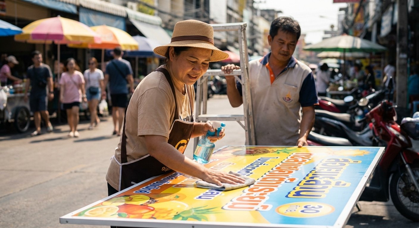รับมือซัมเมอร์ 2026! ทริคดูแลป้ายโฆษณาหน้าร้านให้สีสดทนนาน - 2026-summer-outdoor-signage-maintenance