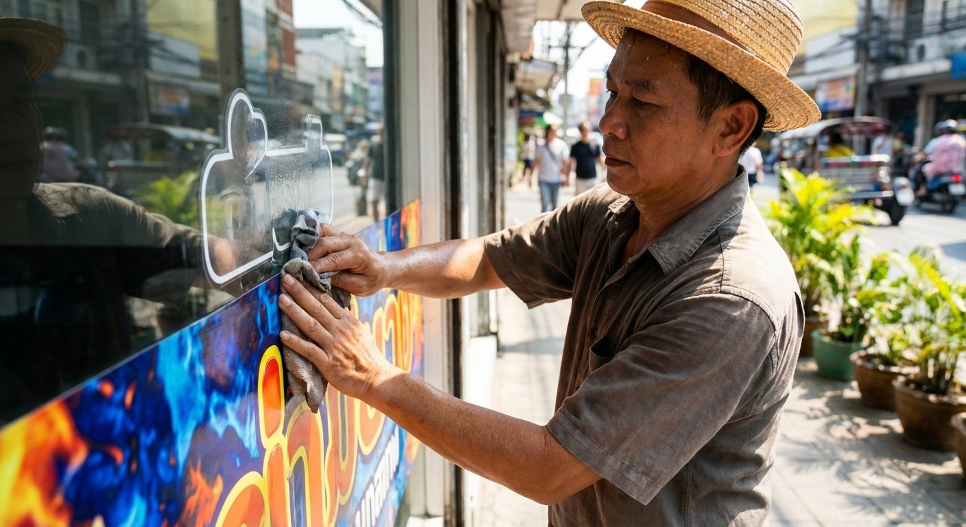 ทริคดูแลป้ายไวนิล-สติ๊กเกอร์หน้าร้านสู้แดดหน้าร้อน 2026 - 2026-summer-signage-sticker-care