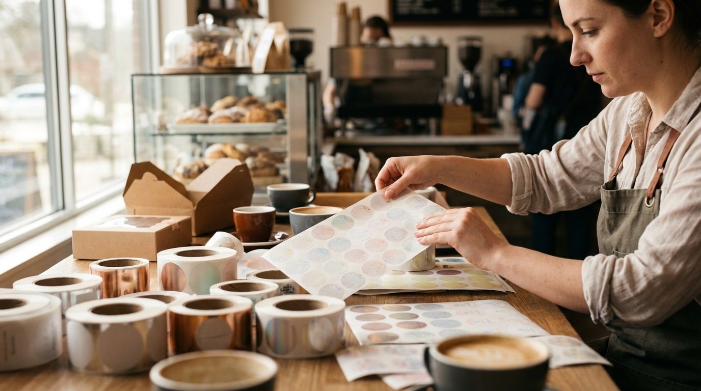 สติ๊กเกอร์ติดกล่องขนม! ทริคเลือกวัสดุเพิ่มมูลค่าให้คาเฟ่ - bakery-cafe-sticker-packaging