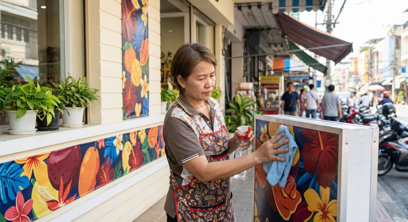 ทริคดูแลป้ายไวนิลและสติ๊กเกอร์หน้าร้าน ให้สีสดทนแดด ไม่ลอก - care-outdoor-vinyl-sticker-sign