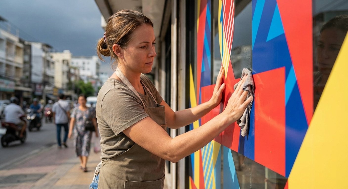 วิธีดูแลป้ายไวนิล-สติ๊กเกอร์หน้าร้าน ท้าแดดฝนปี 2026 - care-vinyl-sticker-summer-2026