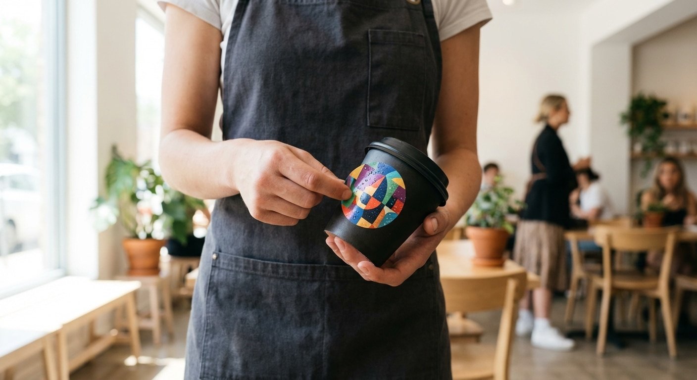 สติ๊กเกอร์ติดแก้วกาแฟ เลือกแบบไหนให้คาเฟ่ดูแพง คุ้มต้นทุน - coffee-cup-sticker-cafe-tips