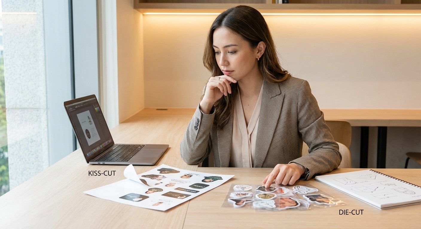 มือใหม่หัดสั่ง! 'Die-cut' vs 'Kiss-cut' ต่างกันตรงไหน? เลือกผิดชีวิตเปลี่ยน งานพิมพ์ปี 2026 - die-cut-vs-kiss-cut-sticker-difference-2026