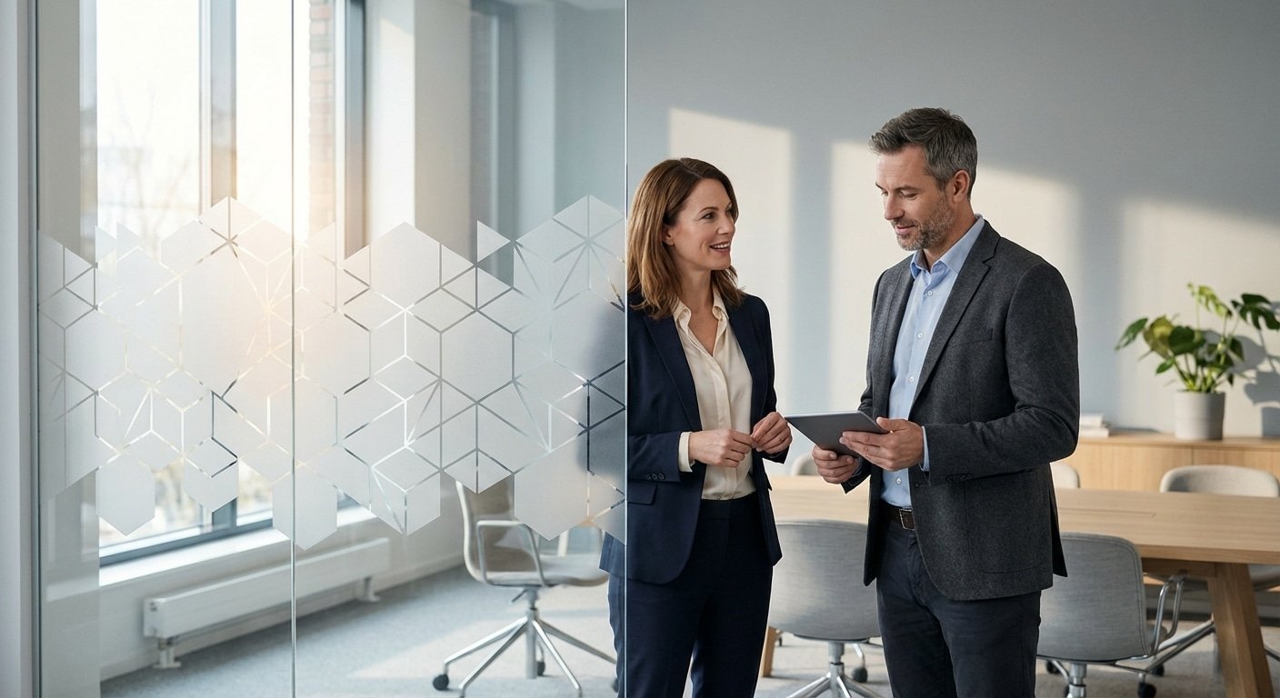 เปลี่ยนกระจกใสให้เป็นพื้นที่โฆษณา! เทรนด์ 'สติ๊กเกอร์ฝ้าตัดลาย' แต่งออฟฟิศ-คาเฟ่ปี 2026 - frosted-sticker-glass-decoration-trend-2026