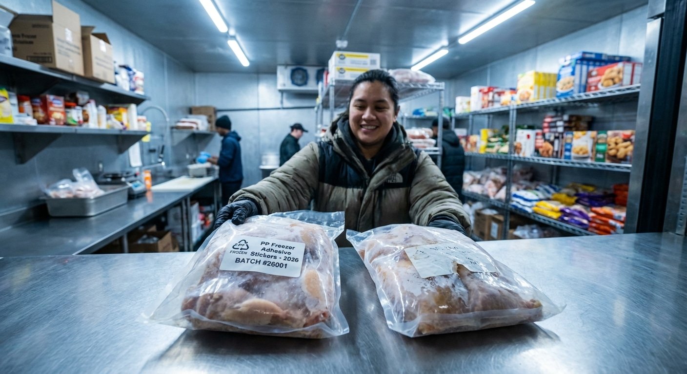 แช่ฟรีซแล้วฉลากหลุด! แก้ปัญหาด้วย 'สติ๊กเกอร์ PP กาวห้องเย็น' นวัตกรรมปี 2026 ติดแน่นแม้อุณหภูมิติดลบ - frozen-food-sticker-pp-cold-glue-solution-2026