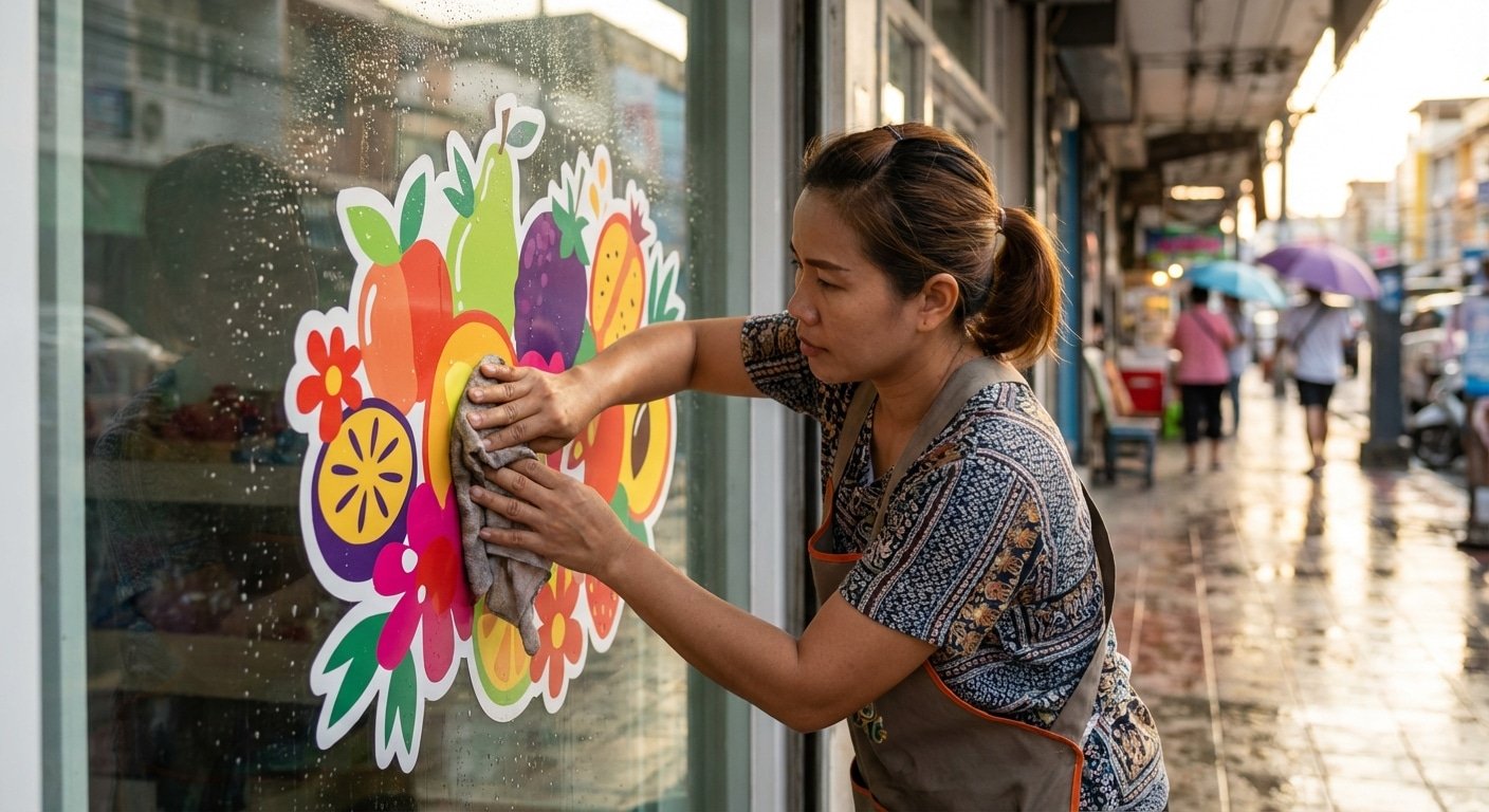 ทริค 2026! ยืดอายุสติ๊กเกอร์และป้ายหน้าร้านให้สีสดสู้แดด - maintain-outdoor-sign-sticker