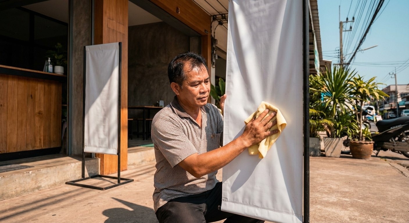 รับมือแดด 2026! วิธีดูแลป้ายไวนิลและสแตนดี้ให้สีสดทนทาน - maintain-vinyl-standee-signs-2026