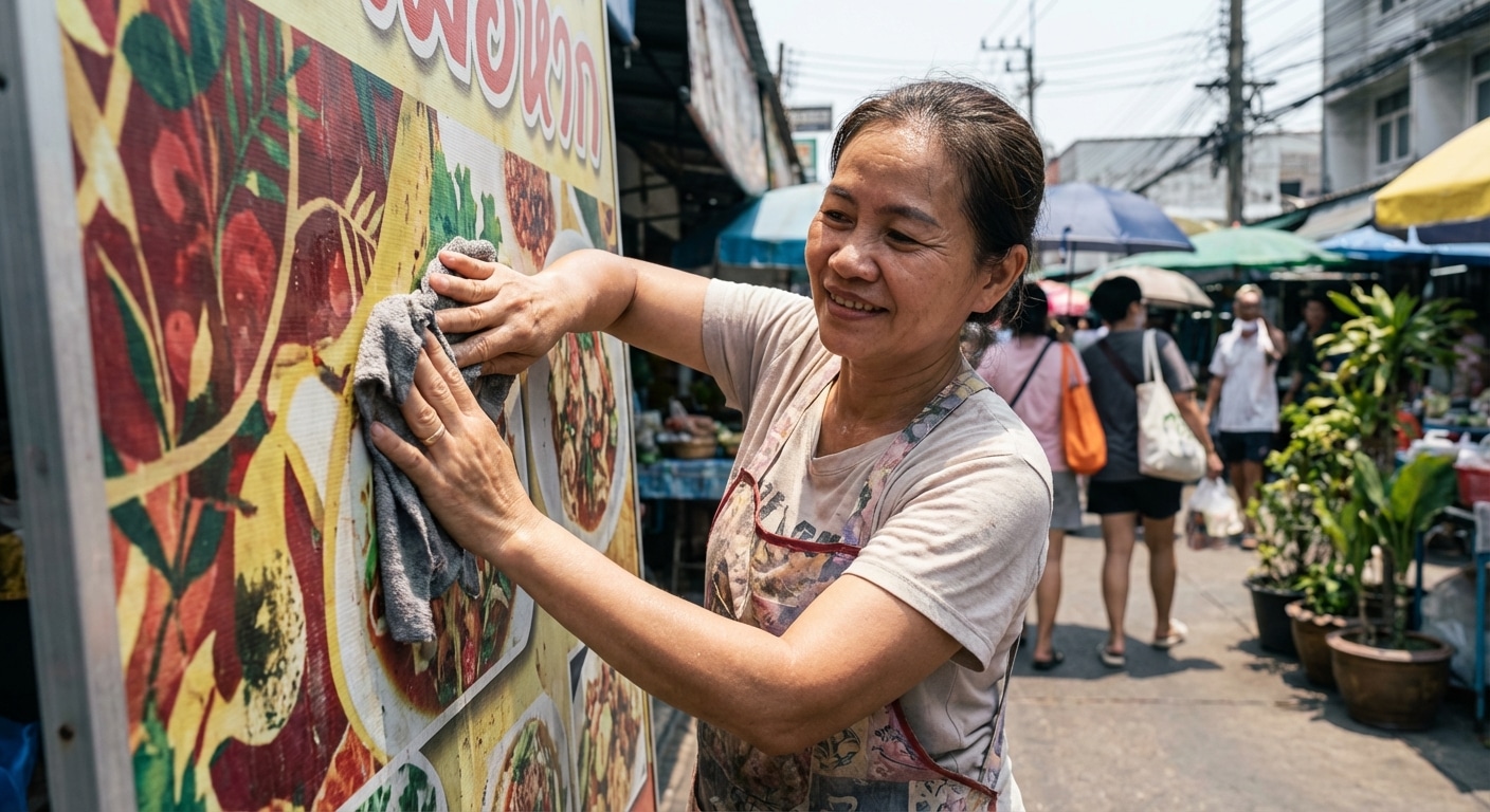 ป้ายหน้าร้านหมองเร็วทำไง? 5 วิธีดูแลป้ายไวนิล-สติ๊กเกอร์ให้สีสดทนนานรับแดดปี 2026 - maintenance-tips-outdoor-signage-sticker-vinyl-2026